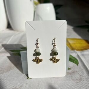 Bee Earrings, Mother of Pearl & Forest Army Olive Moss Green Jade, Spring, Fun